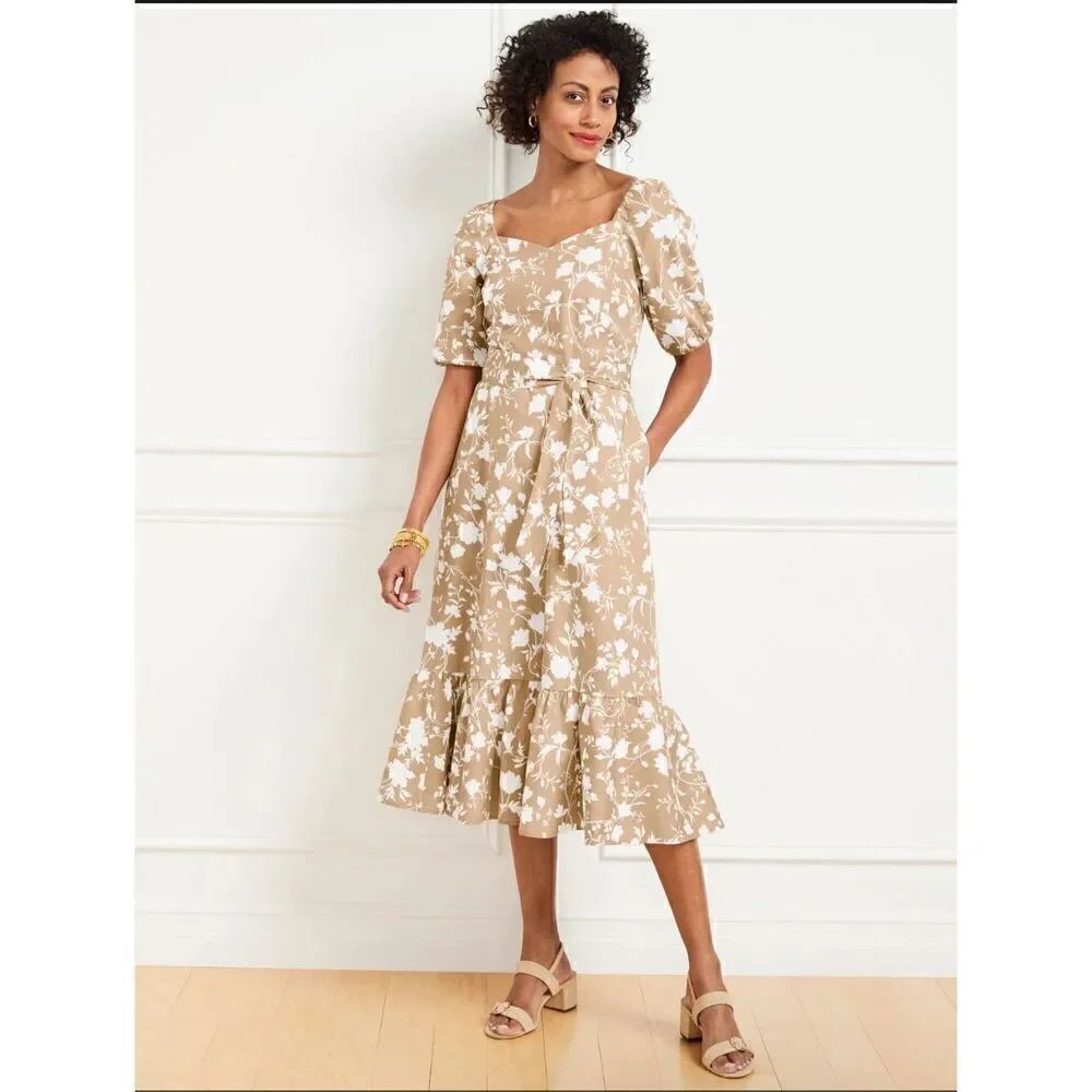 Talbots NWT silhouette blooms puff sleeve poplin floral midi dress with pockets